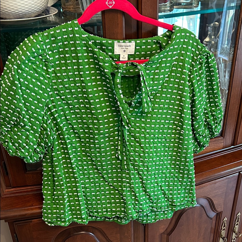 kate spade Green Printed Tie-Neck Puff Sleeve Blouse